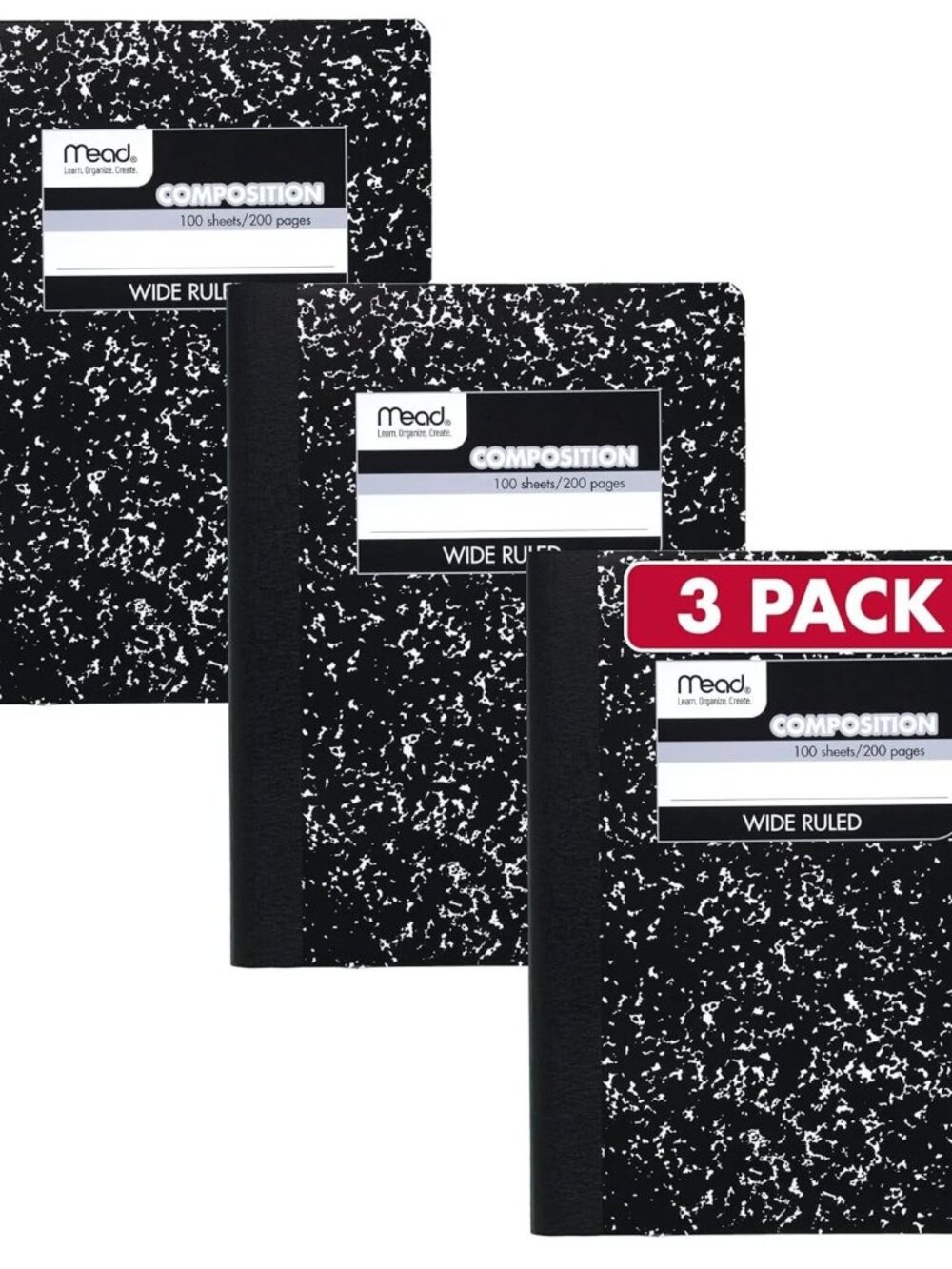 Composition Notebook Comp Book 3 PK Wide Ruled Paper 100 Sheets 9-3/4" 72936